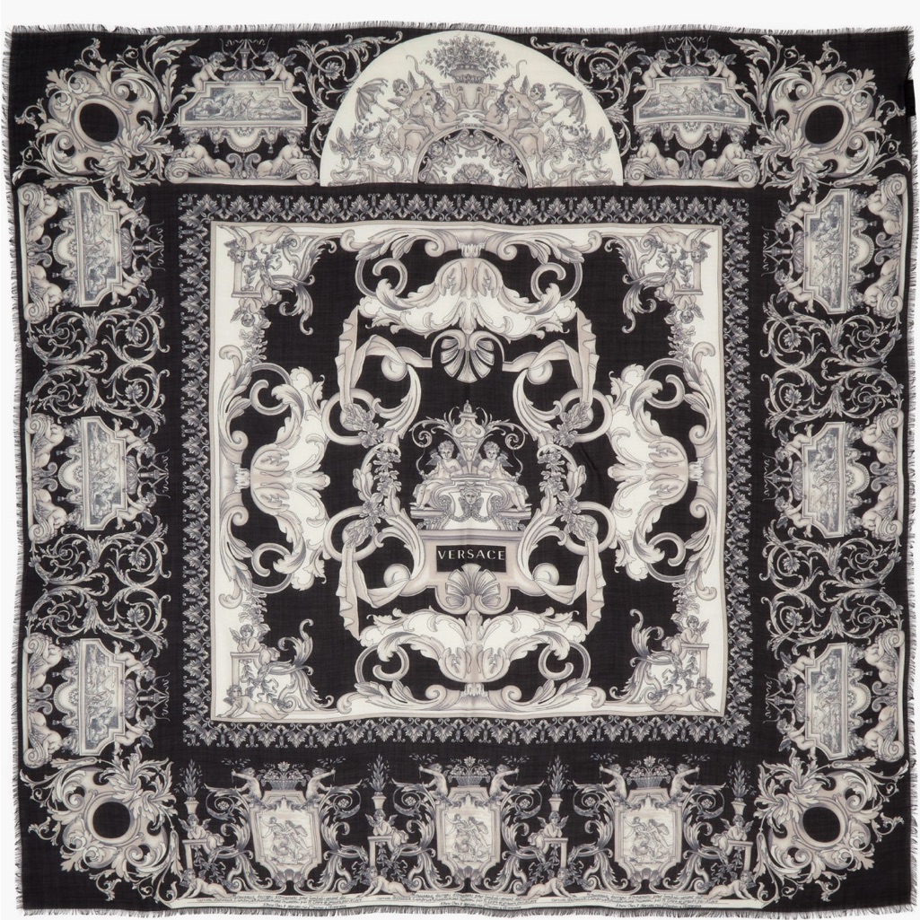 Versace Black & White Baroque Print Wool & Silk Scarf 52" Square